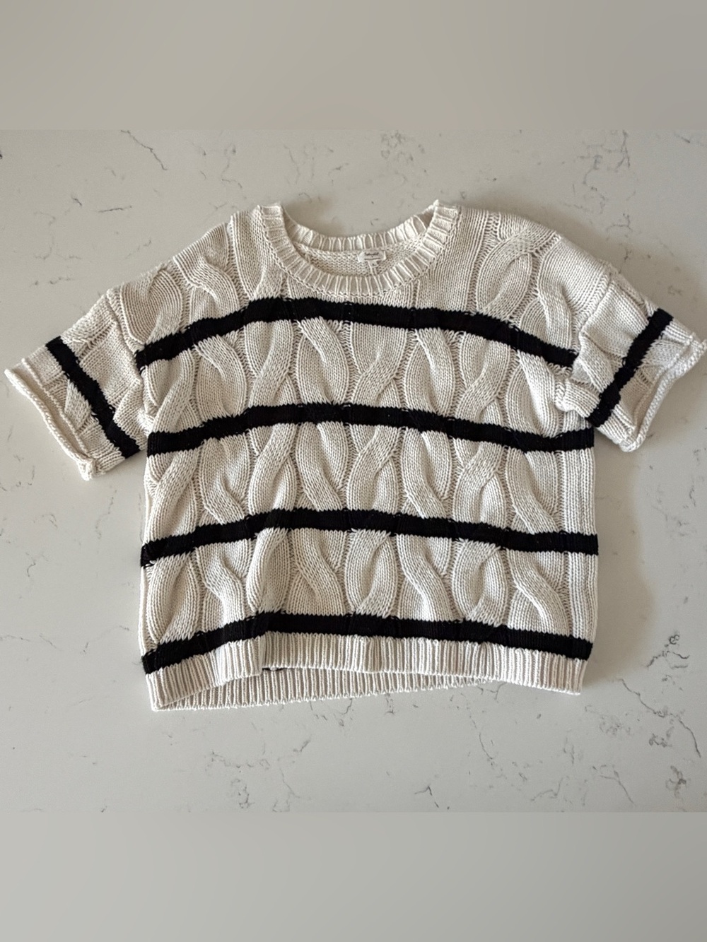 Splendid Cream Short-Sleeve Cable Knit Sweater with Black Stripes